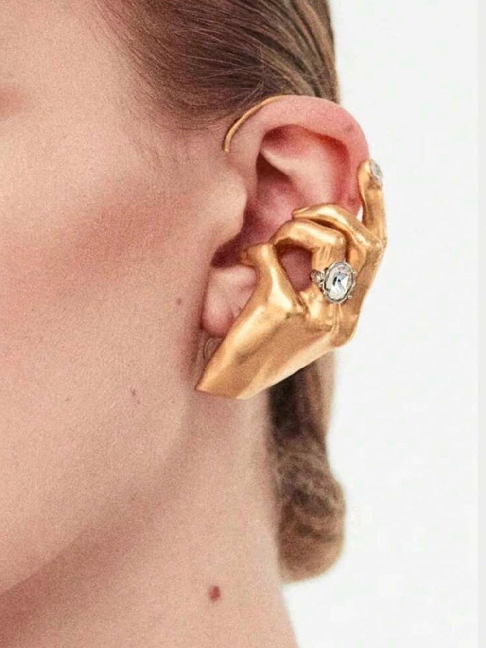 Gold Hand-Shaped Ear Cuff with Clear Crystal